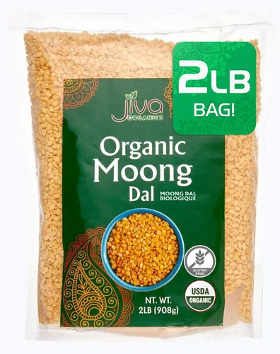Jiva Moong Dal amarillo orgánico, 2 libras, sin OMG, sin gluten, ideal para Kitchari, frijoles mungos amarillos partidos