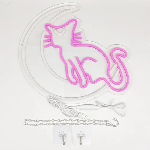 Miniatura 4 de SmilingTown Letreros de neón rosa y blanco para decoración de pared, funciona con USB, luces decorativas de neón de luna y gato para el hogar