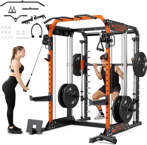 Miniatura 8 de YOLEO Smith Machine & Squat Rack Combo, Multi-Functional Power Racks with Adjustable Width & Pull-Up Bar, Cable Crossover Power Cage, Independent