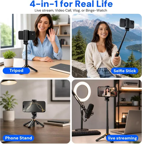 Miniatura 7 de Mini Selfie Stick Tripod, 4" Pocket-Sized Selfie Stick with Bluetooth Remote, 4-Leg Reinforced Stand, 360° Rotation, 3.8 oz Lightweight for