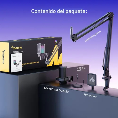 Miniatura 9 de MAONO Micrófono USB para juegos, Micrófono condensador con cancelación de ruido con silencio, ganancia, monitoreo, micrófono de brazo de boom