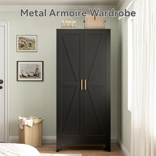 Miniatura 3 de Armario de metal con puertas y estantes, armario de dormitorio de granja de 71 pulgadas con barra de suspensión y estante para ropa, armario