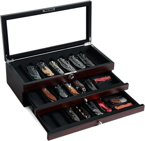Miniatura 8 de Estuche de exhibición de cuchillos de dos niveles, caja de almacenamiento para cuchillos de bolsillo de 15 a 17 cuchillos de bolsillo, estuche Chapa