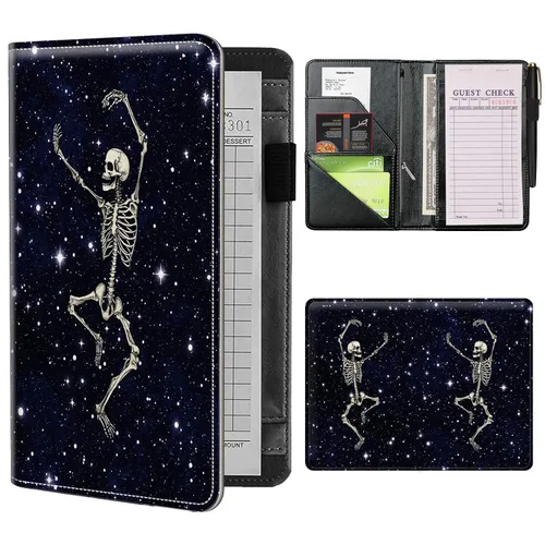 Libros de mesero para camarera con bolsillo con cremallera, lindo esqueleto de baile, almohadillas de cuero para servidor, organizador de meseros,