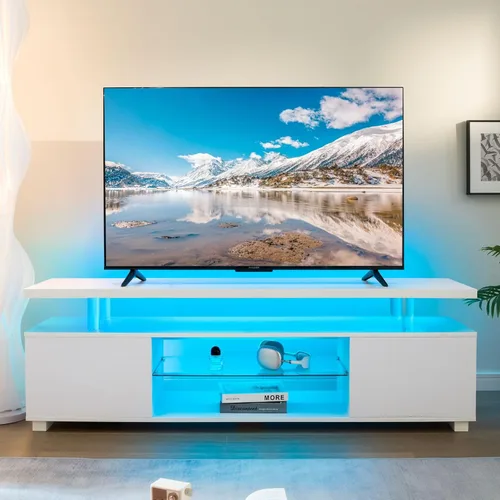 Miniatura 9 de Soporte de TV negro con luces LED para TV de 60 o 65 pulgadas, moderno centro de entretenimiento con almacenamiento, consola de TV
