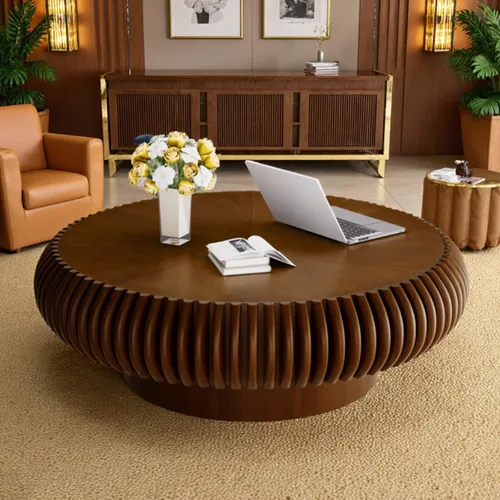 Miniatura 11 de Mesa de centro redonda de tambor estriado para sala de estar, mesas de centro modernas de mediados de siglo con pedestal resistente, mesa de té negro