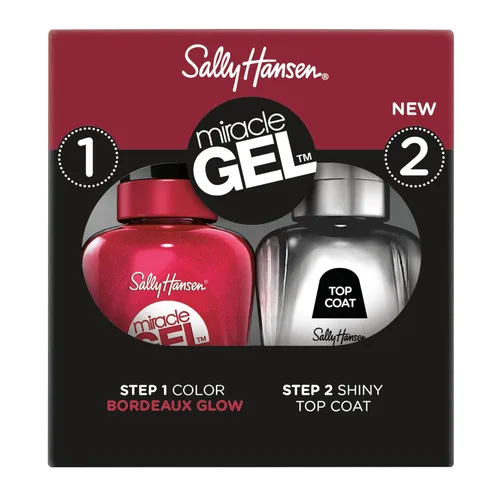 Sally Hansen - Miracle Gel™, Bordeaux Glow y capa superior brillante, fórmula similar a gel, no necesita lámpara UV, dúo de esmalte de uñas