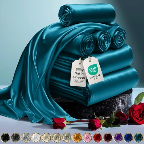 Miniatura 47 de DECOLURE Sábanas de satén para cama - Juego de 6 piezas de ropa de cama de lujo sedosa tamaño King - Más suave que la seda, sin arrugas con sábana