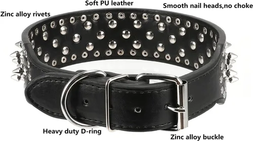 Miniatura 3 de PU - Collar para perro de piel sintética ajustable de 2.0 in, tachonado con clavos, Negro