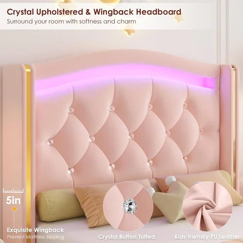 Miniatura 4 de Hifit Base de cama LED, tamaño individual, cabecera capitoné con botones de cristal, 4 cajones, moderna, piel sintética, de princesa, para niñas,