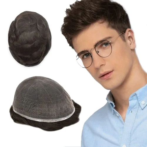 Miniatura 10 de Toupee para hombres Piezas de cabello humano real, encaje francés completo para hombres, pieza de cabello, nudos blanqueados, línea capilar natural