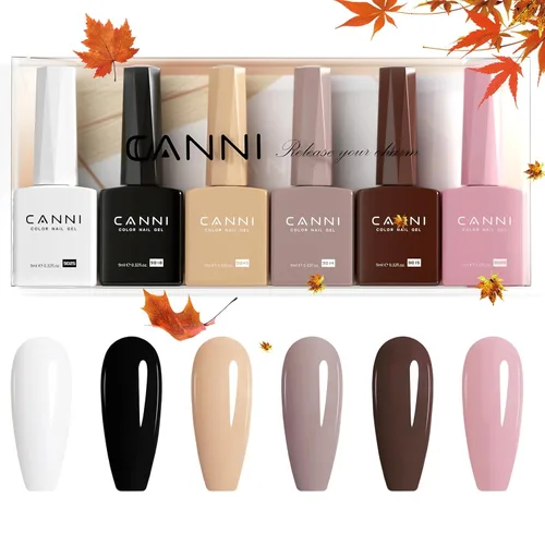 Miniatura 8 de CANNI - Juego de esmaltes de uñas en gel sin hema de 9ml, 6 piezas, colores blanco, negro, nude, rosa y marrón para el otoño, kit de esmaltes