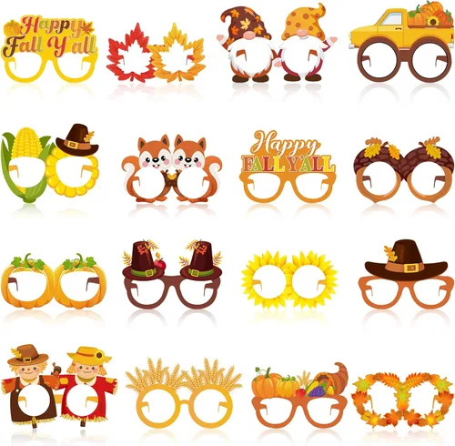 32 lentes de papel para decoración de fiesta de otoño, Acción de Gracias, accesorios para cabina de fotos, calabaza, hoja de arce, suministros
