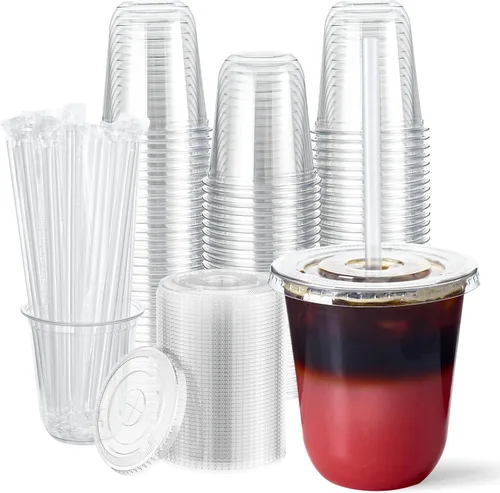 Vplus Paquete de 100 tazas de café helado de 12 onzas con tapas, vasos de plástico desechables con tapas y popotes para bebidas frías, jugos,