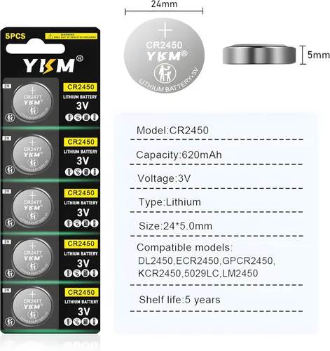 Miniatura 2 de YKM Batería CR2450, 5 unidades, pilas de litio CR 2450 de 3 V, batería de botón CR2450 para velas sin llama