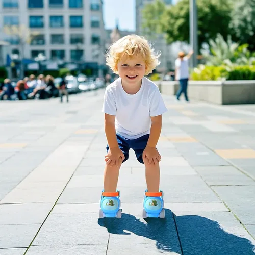 Miniatura 7 de Patines Infantiles Ajustables de Cuatro Ruedas para Niños y Niñas, con Ruedas con Bloqueo para Principiantes, Bebes, Edad de 2 a 6 Años Dino Azul