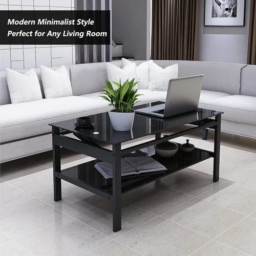 Miniatura 3 de Mesa de centro de cristal negro para sala de estar, mesa de cóctel Mordern de 2 capas con almacenamiento rectangular de vidrio templado, patas