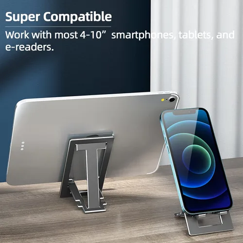 Miniatura 2 de Soporte para teléfono celular, totalmente plegable, altura ajustable, soporte de teléfono de aleación de aluminio para escritorio/oficina