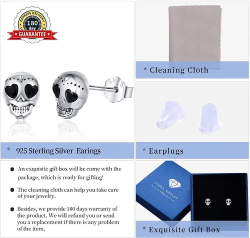 Miniatura 7 de Aretes punk de plata de ley 925 aretes góticos hipoalergénicos regalo de joyería de calavera para hombres y mujeres con caja de regalo regalos