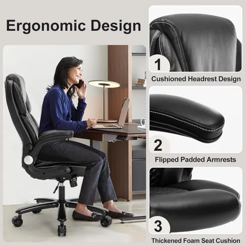 Miniatura 6 de Silla de oficina ejecutiva grande y alta, silla de escritorio giratoria de piel sintética con brazos abatibles, soporte lumbar ajustable, altura que