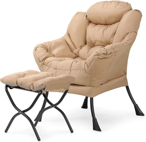 Athena Collection Silla perezosa con otomana, sofá de salón, silla tapizada con reposapiés plegable, silla de lectura con bolsillo lateral y Beige