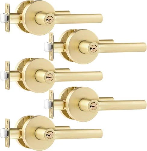Miniatura 24 de Leydebong Paquete de 1 manija de puerta de entrada resistente dorada (para oficina y puerta delantera) reversible para lado derecho e izquierdo