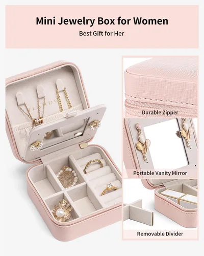 Miniatura 3 de Vlando Pequeño organizador de joyas de viaje, vitrina de joyería para niñas y mujeres, regalo de dama de honor, anillos, aretes, collares