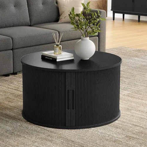 Miniatura 4 de LINSY HOME - Mesa de centro redonda, mesa de centro de 31.5" con puerta de tambor deslizante, mesa auxiliar acampanada con almacenamiento, mesa