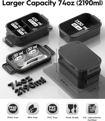 Miniatura 3 de Caja Bento para Adultos con Bolsa de Almuerzo Aislada, Capacidad de 74 oz, 3 Cajas Bento Apilables a Prueba de Fugas con Utensilio y Salsa