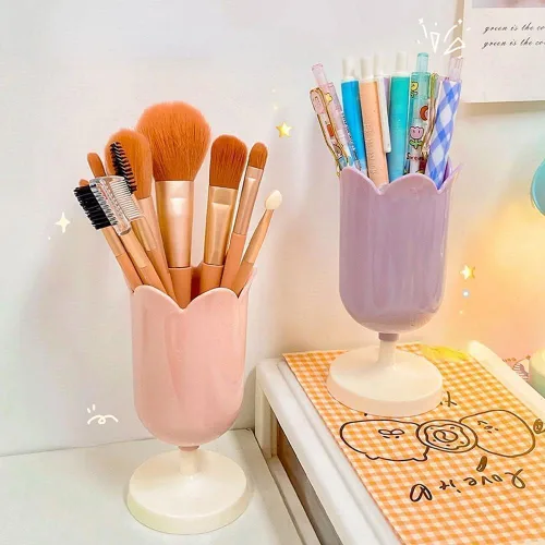 Soporte para bolígrafo de tulipán rosa para escritorio, organizador de papelería de plástico, bonita decoración de escritorio, organizadores de