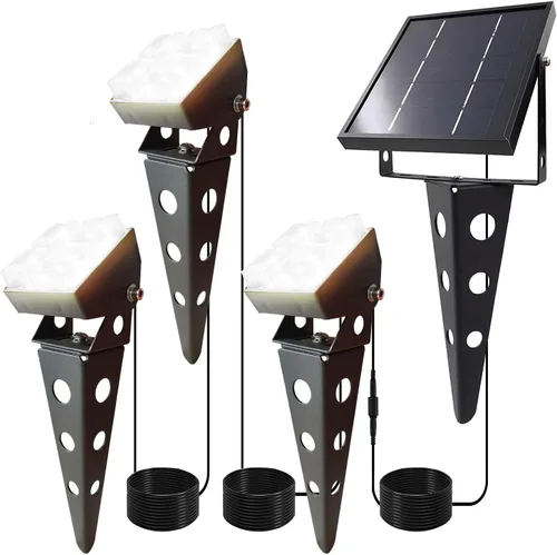 Focos solares para exteriores, impermeables, IP65, para paisaje, con estaca de metal, cable de 42 pies, 3 en 1, blanco frío, encendido y apagado