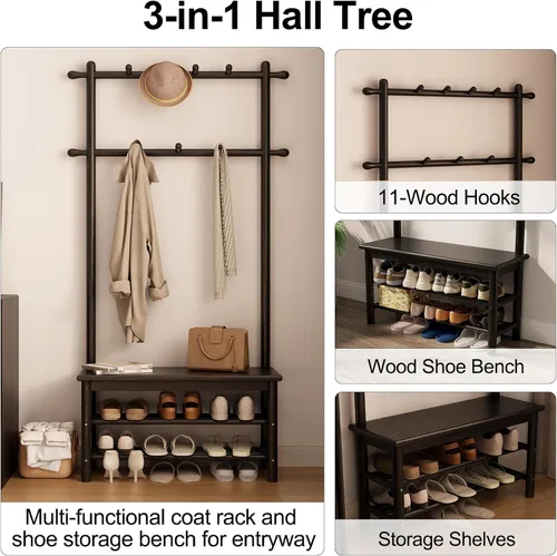 Miniatura 3 de AQIMUELE Perchero con almacenamiento de zapatos, árbol de pasillo de madera con banco, 11 ganchos y estantes de almacenamiento de 2 niveles, 3 en 1