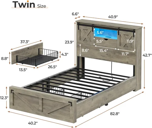 Miniatura 2 de Hasuit Marco de cama de granja tamaño individual con 2 cajones de almacenamiento, plataforma de madera con luces LED y estación de carga, cabecera
