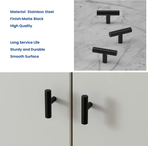 Miniatura 7 de LONTAN Paquete de 4 Pomos Negros para Gabinetes y Cajones Pomos de Gabinete de Cocina para Tocador Baño Moderno Herrajes Negros de Barra en T