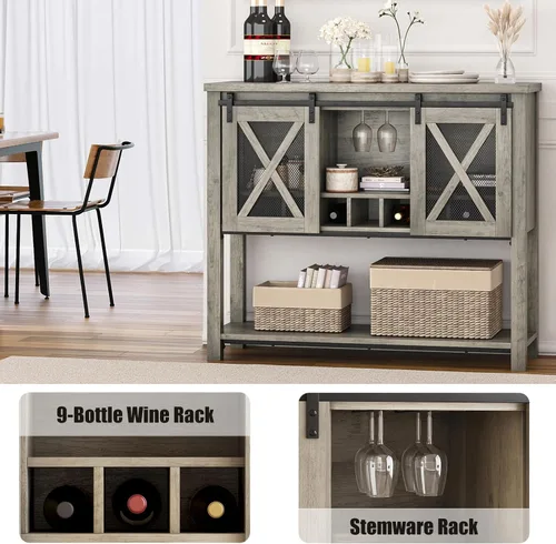 Miniatura 4 de IDEALHOUSE Gabinete de barra de café, armario de almacenamiento de buffet con almacenamiento, gabinete de bar de vino de granja con estante