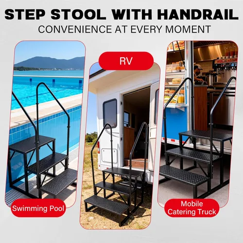 Miniatura 7 de Escalera de taburete para adultos, escalones de piscina con 2 pasamanos, escalera de caravana de 3 escalones, escalones de caravana para remolques