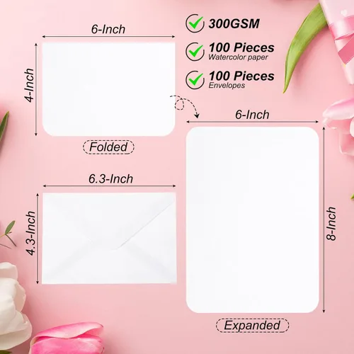 Miniatura 2 de PATIKIL 50 juegos de tarjetas de acuarela de algodón puro de 140 libras/300 GSM, esquinas redondeadas con sobres para pintura artística, notas