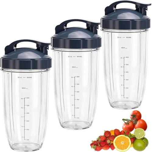 Miniatura 8 de [Actualización] Paquete de 2 vasos de licuadora de repuesto de 32 onzas con tapa abatible compatible con licuadora NutriBullet 600 W/900 W