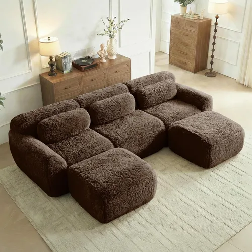 Miniatura 10 de Sofás de nube sin hueso de 80.4 pulgadas, tela de felpa suave y esponjosa, sofá cama modular con 2 otomanas, sofás de dos plazas de chocolate,