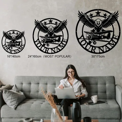 Miniatura 6 de Magilab Placa de pared de avión retro con nombre personalizado, decoración de metal de hierro personalizado, letrero de aviación negro de 8 a 30