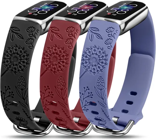 Miniatura 7 de Minyee Paquete de 3 correas compatibles con Fitbit Luxe para mujer, de silicona suave, con grabado floral, correa deportiva de diente de león