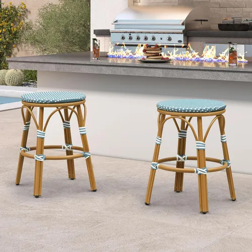Miniatura 39 de PURPLE LEAF - Juego de 2 taburetes de bar franceses con acabado de bambú impreso, taburetes de bar de ratán para patio con respaldo, sillas de bar