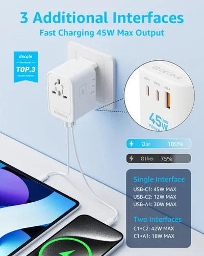 Miniatura 3 de Adaptador de viaje universal, adaptador de enchufe de viaje internacional con 2 puertos USB-C (GaN 45W) y 1 puerto USB-A, adaptador portátil todo