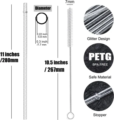 Miniatura 2 de ALINK Paquete de 12 popotes reutilizables con purpurina, popotes de plástico duro transparente de 11 pulgadas de largo, popotes de repuesto
