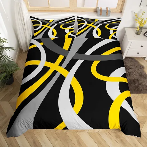 Miniatura 8 de Feelyou Juego de funda de edredón geométrica de color rojo, negro y gris, juego de ropa de cama retro con remolinos circulares a rayas circulares