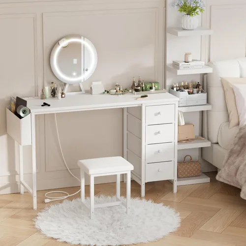 Miniatura 2 de Escritorio blanco con espejo y luz, juego de tocador de maquillaje con silla, almacenamiento, espejo iluminado, 4 cajones de tela grandes y toma
