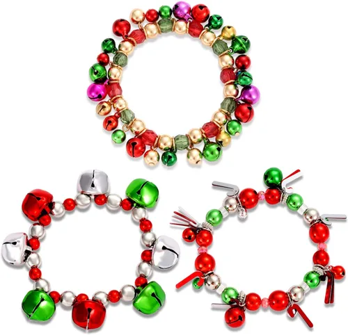 3pcs Christmas Jingle Bell Bracelets Xmas Multi Color Beaded Charm Stretch Bracelet Christmas Holiday Party Favors for Women Jewelry Gift