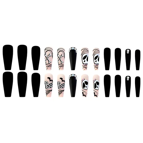 Miniatura 5 de 24 uñas largas a presión de Halloween, uñas postizas de Halloween, uñas postizas acrílicas con forma de ataúd con diseños, cobertura completa