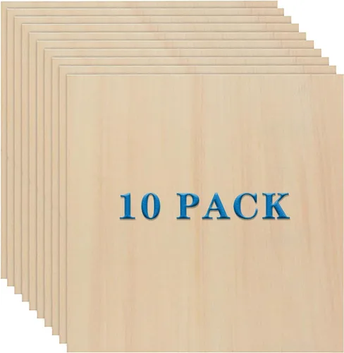 Paquete de 10 hojas de madera de tilo de 0.118 in, 10 x 10 x 1/8 pulgadas, madera fina natural sin terminar para manualidades, pintura, pasatiempos,