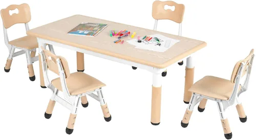 Arlopu Mesa y 4 sillas para niños, juego de escritorio y sillas para niños pequeños de altura ajustable, patas antideslizantes, escritorio de Beige